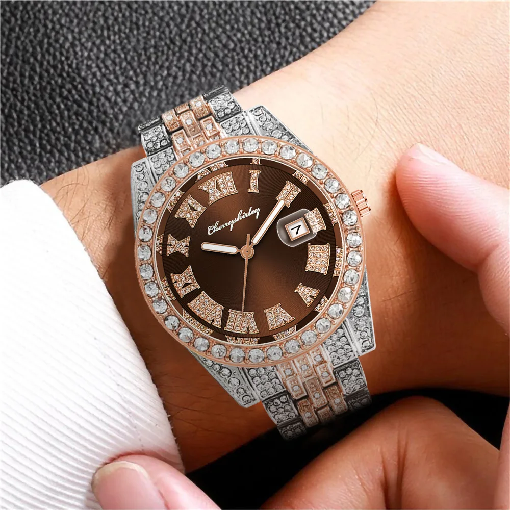 Full Iced Out Luxury Watch for Women Brand Diamond Mens Wristwatch Quartz Hip Hop Rapper Male Clock Gift for Couple Reloj