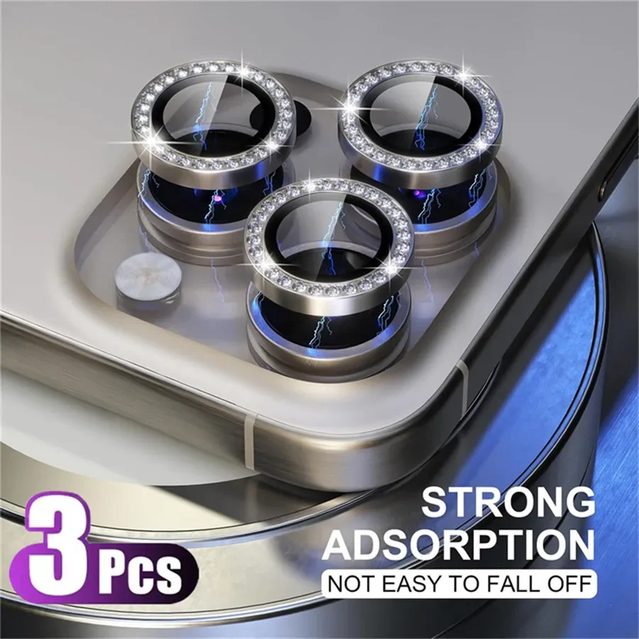 

3-2Pcs Glitter Diamond Caps Metal Lens Protector For IPhone 17 Pro Max 17Air 17Pro 16 15 14 Pro Max Camera Protector Glass Film