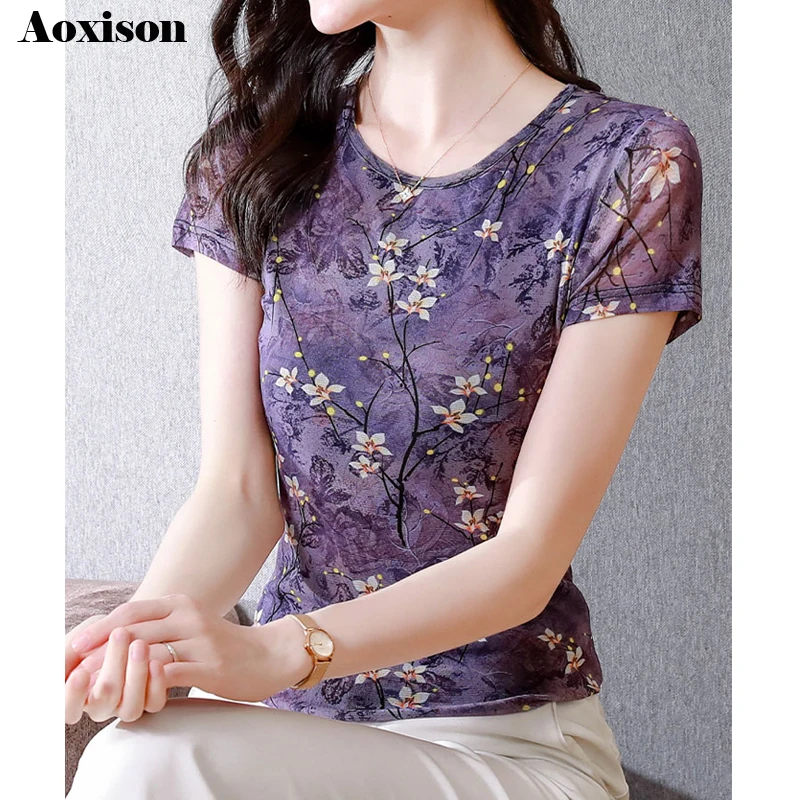 Korean Fashion Women Mesh T-shirt Round Neck Short Sleeve Casual Tops Summer Floral Printed Shirt