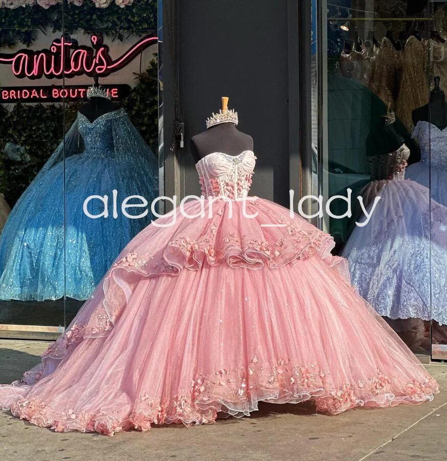 Vestidos de quinceañera de princesa Rosa rubor, 3D vestido Floral, corsé de deshuesado de mariposa, vestido de graduación dulce 15, 2024