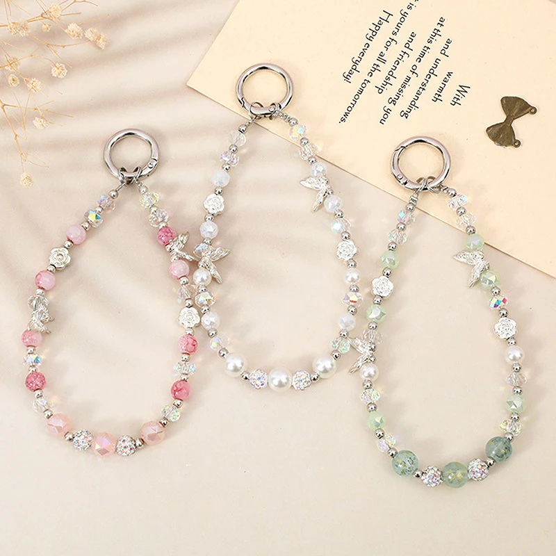 Butterfly Double Layer Chain Phone Lanyard Crystal Beaded Phone Pendant Wrist Strap Keychain Backpack Decoration Accessories