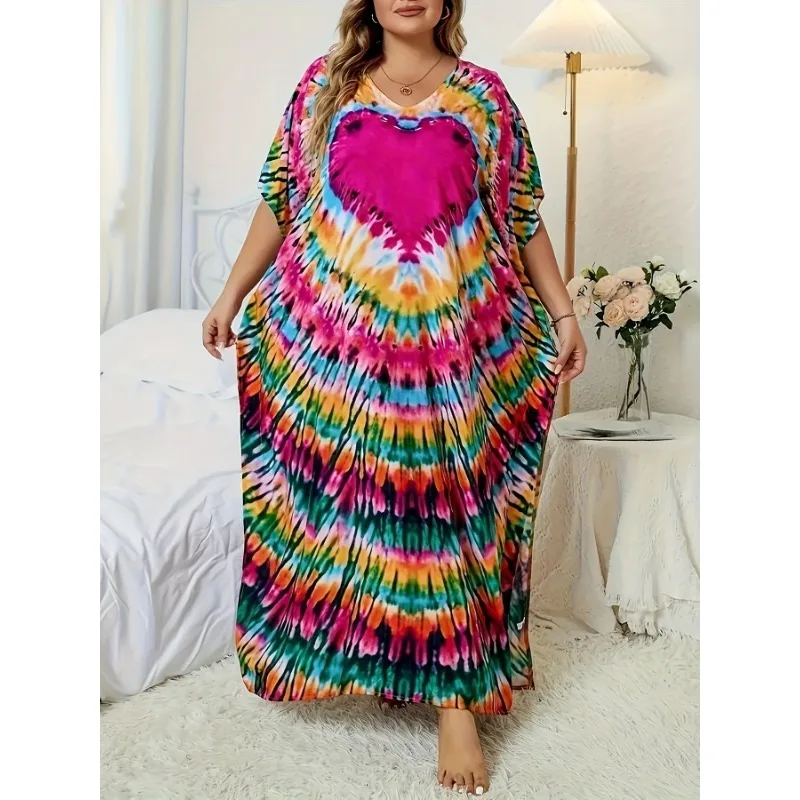 

Плюс размер 1XL-5XL женское платье в стиле бохо с принтом тай-дай женское повседневное платье с рукавами «летучая мышь» макси с разрезом пляжное платье