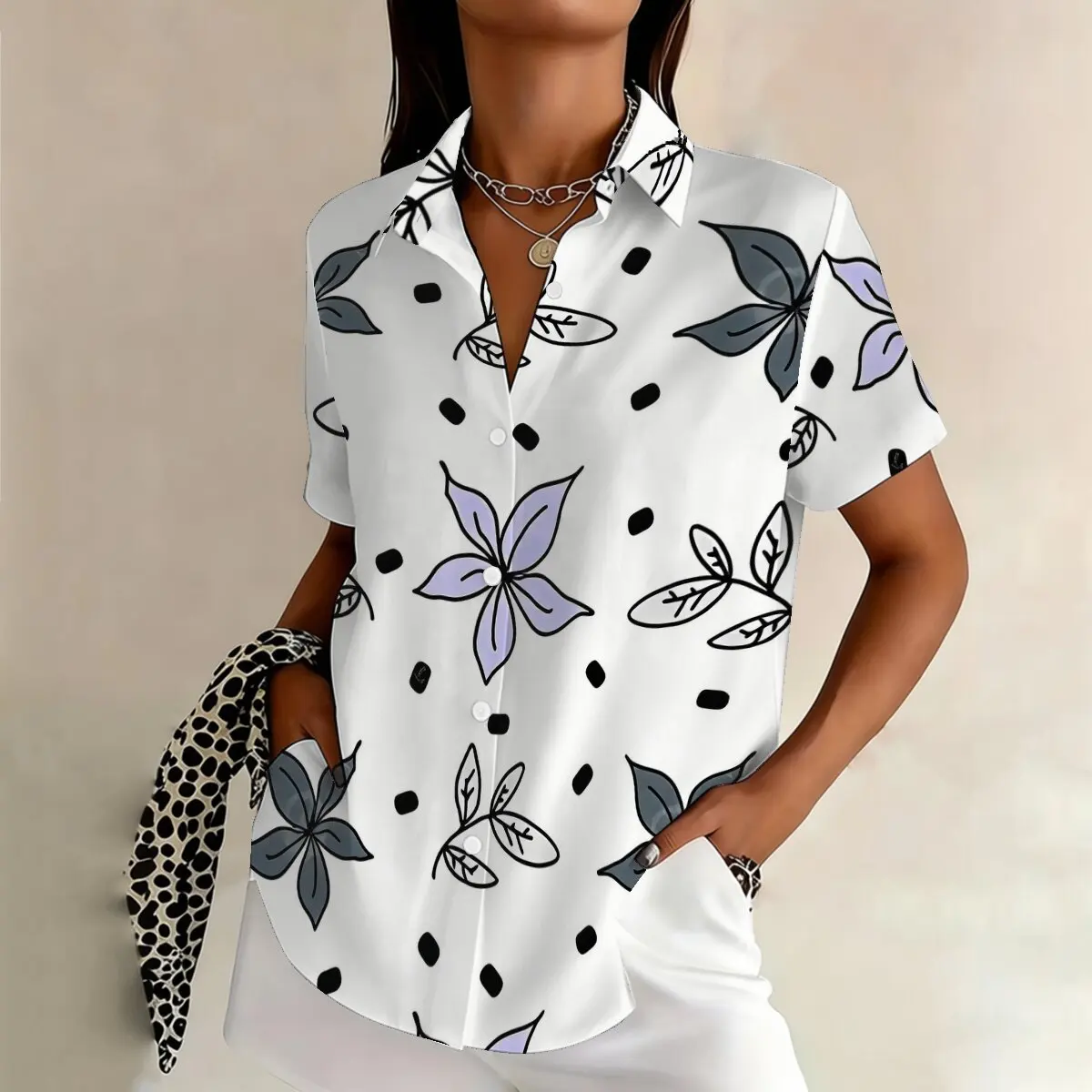 Simple and personalized flower print summer women's plus size lapel short sleeved shirt fashionable daily versatile casual top