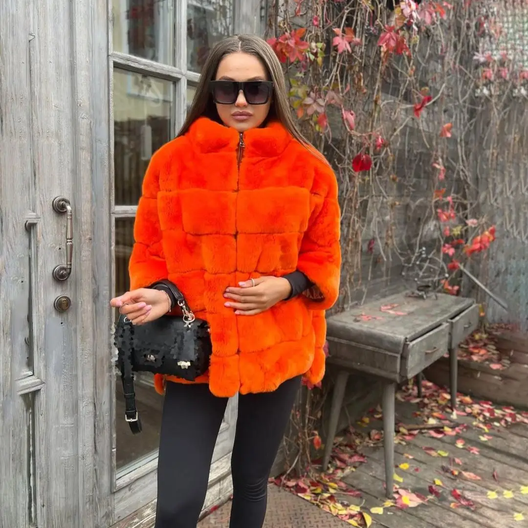 Women Genuine Rex Rabbit Fur Coat Fashion Fluffy Warm Jacket Winter Orange Real Fur Thick Overcoat