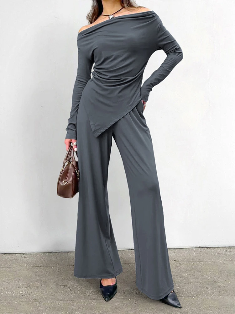 Mumaroho 2024, conjunto de pantalones de oficina para invierno y primavera para mujer, trajes sólidos con hombros descubiertos y cintura alta, conjunto de 2 piezas a juego para mujer