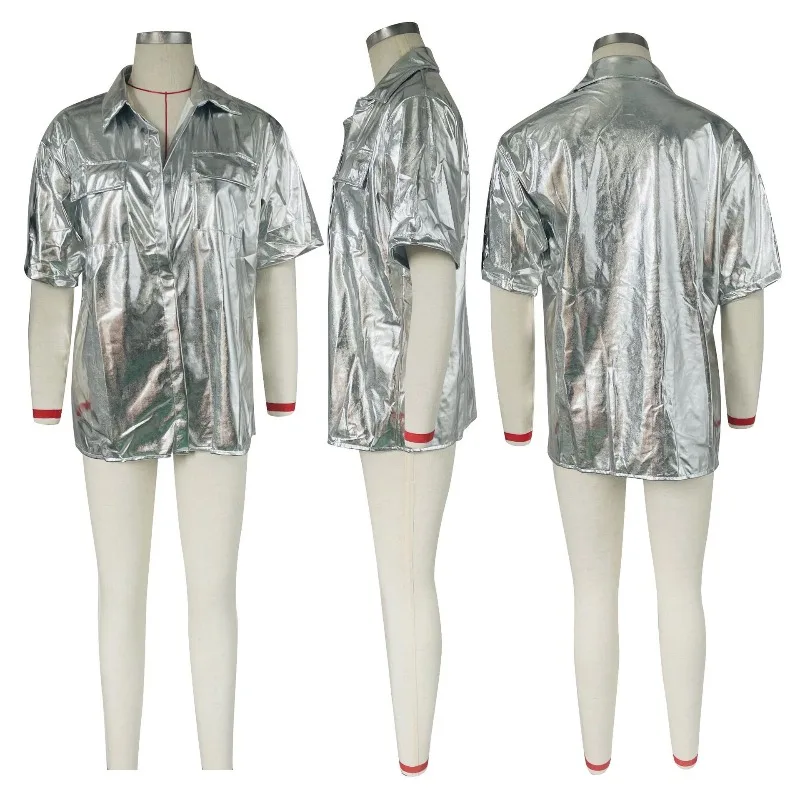 GUWU موضة الذهب الأسود عالية تمتد كم طويل جيب أمامي مستقيم بلوزة الصيف المرأة قميص أعلى