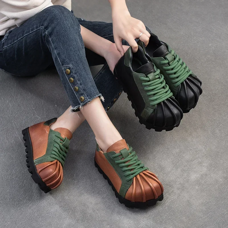 Koznoy 5cm Genuine Leather Comfy Flats Booties Women Mary Jane Loafers Ankle Boots Autumn Round Toe Spring Platform Wedge Shoes