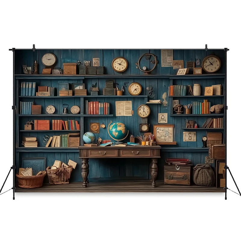 Mocsicka Blue Bookstore Background Photography Shooting Bookshelf Wallpaper Party Decor School Students Portrait Photo Backdrops