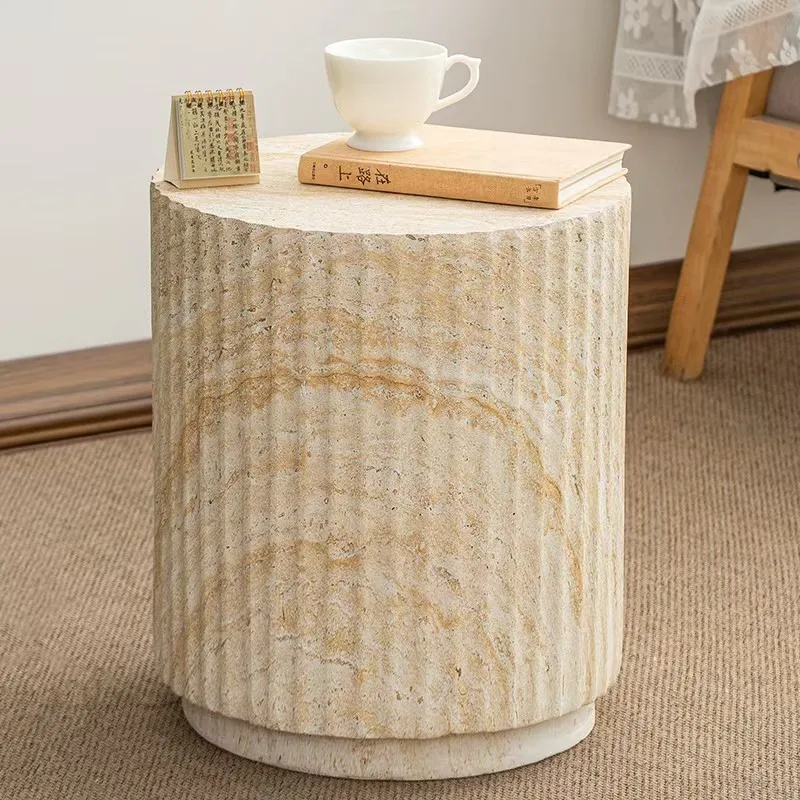 Modern imitation travertine texture Roman column  few ancient style home round coffee table balcony simple movable corner table