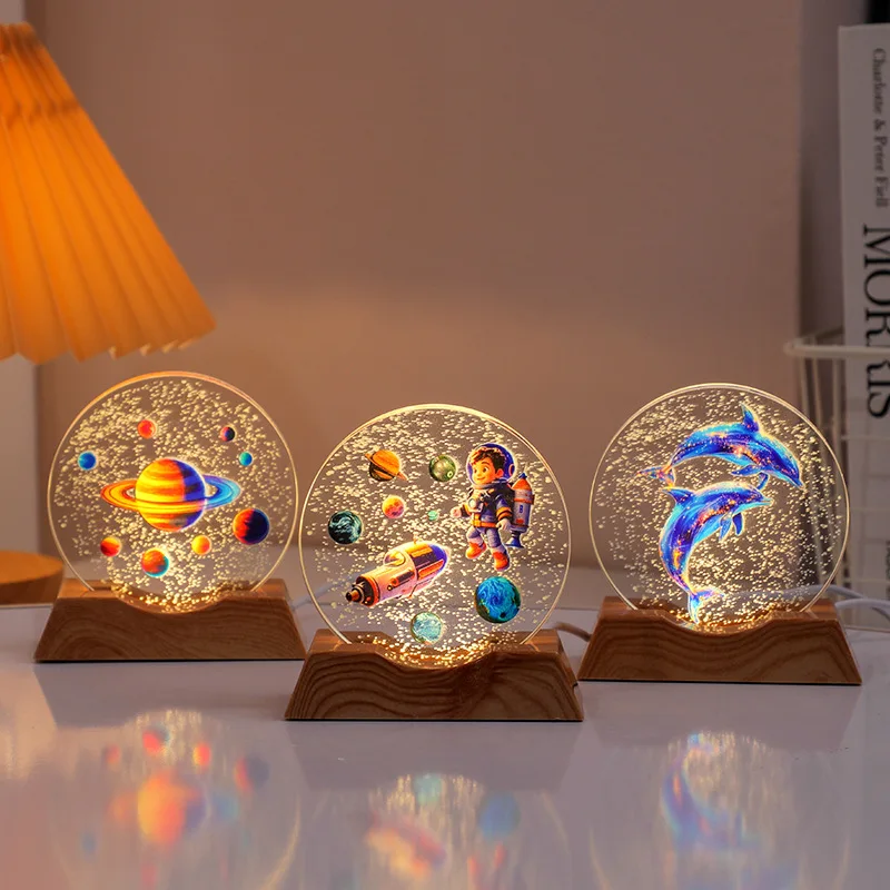 Round Colorful Astronaut Planet Desk Lamp Crystal Night Light Laser Engraved Birthday Ambient Light Gift Home Desktop Decoration