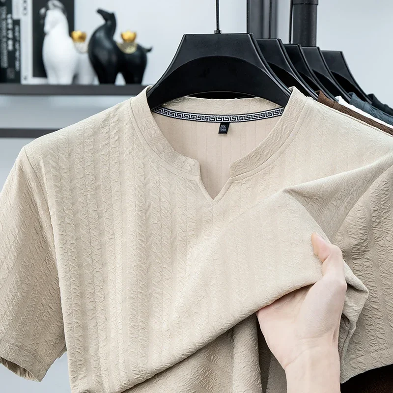 Mens Vertical Embossed Texture Notch Henley Short Sleeve T Shirts Soft Stretch Breathable Casual Tops For Summer Daily