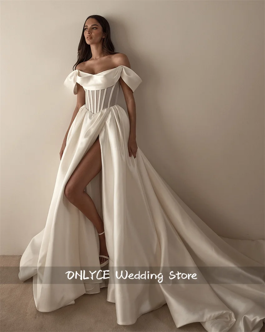 

Elegant White Wedding Dress Off Shoulder Split Exquisite Satin Bride Gown Robe 2025 Robe De Mariee Customized