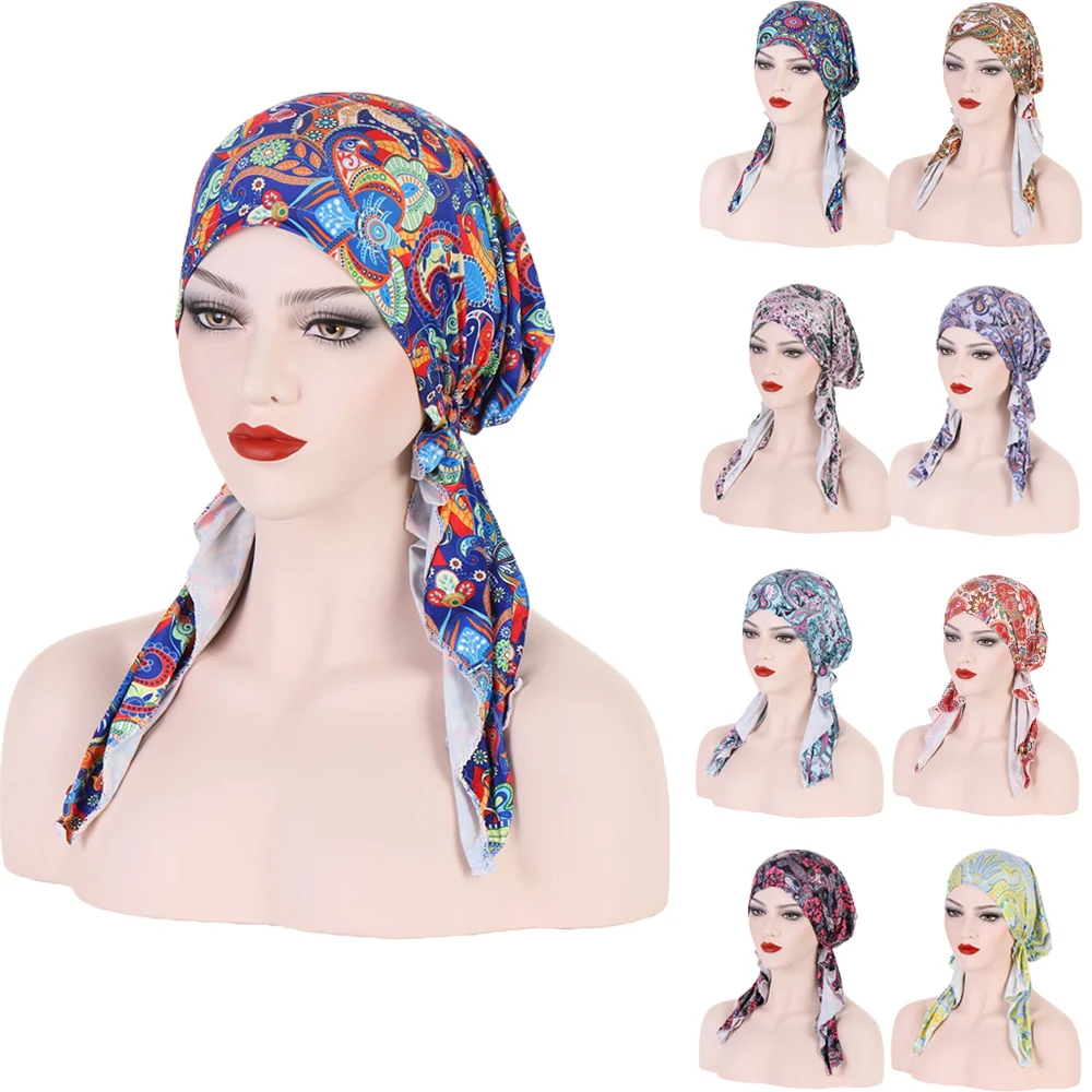 

New Pre-Tied Turban Women Chemo Cap Print Muslim Hijab Inner Caps Hair Loss Cover Bonnet Long Tail Headscarf Hat Headwrap Caps