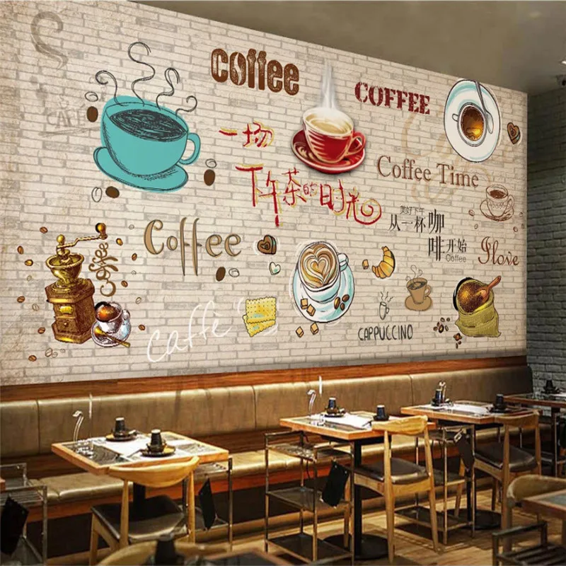 

Retro Hand Painted Fashion Coffee Shop Theme Brick Wall Background Wallpaper 3D Modern Cafe Industrial Decor Mural Wall Paper 3D