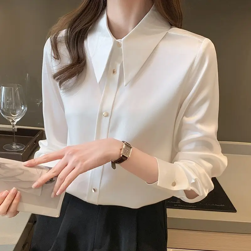 Spring Autumn Office Lady Solid Color Shirts Ladies Casual Interior Lapping Tops Buttons Women\'s Clothing Intellectual Blouses