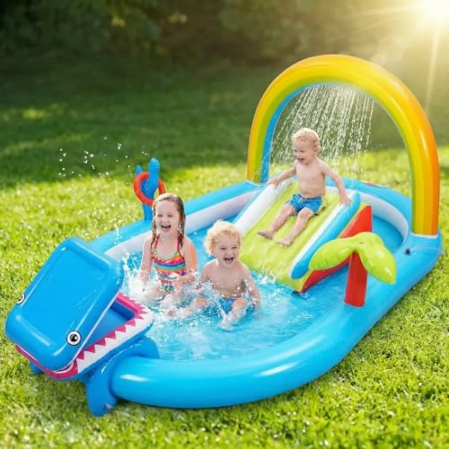 Outdoor/Indoor inflatable kids play center, PVC material, multicolor, includes water sprayer, waterfall, ocean ball, and slide,