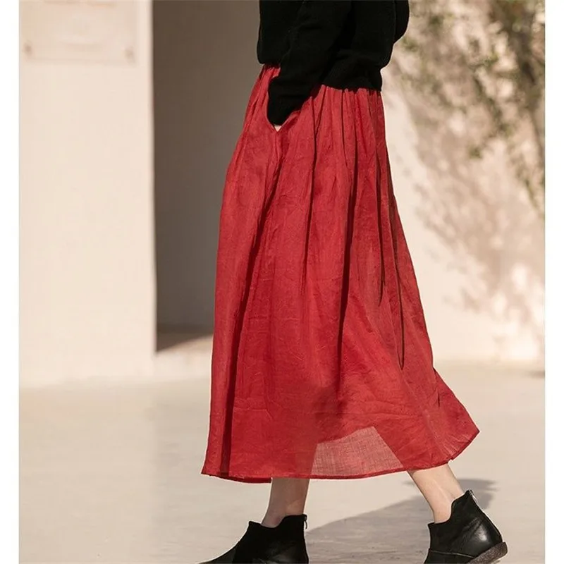 Summer Cotton Linen Red Skirts Women Literary Pleated A-line Midi Skirt Causal Loose Lace-up Half Skirt Versatile