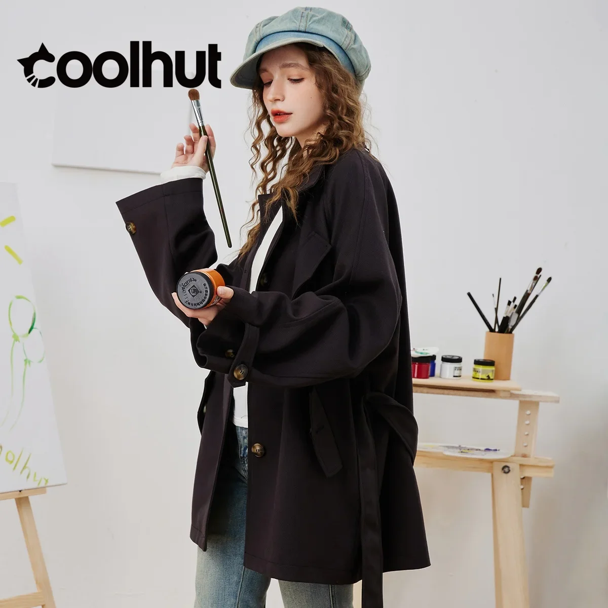 Cooler nova chegada feminina 2025 trench coat com cinto cintura meados de comprimento gola mangas raglan elegante outono outerwear