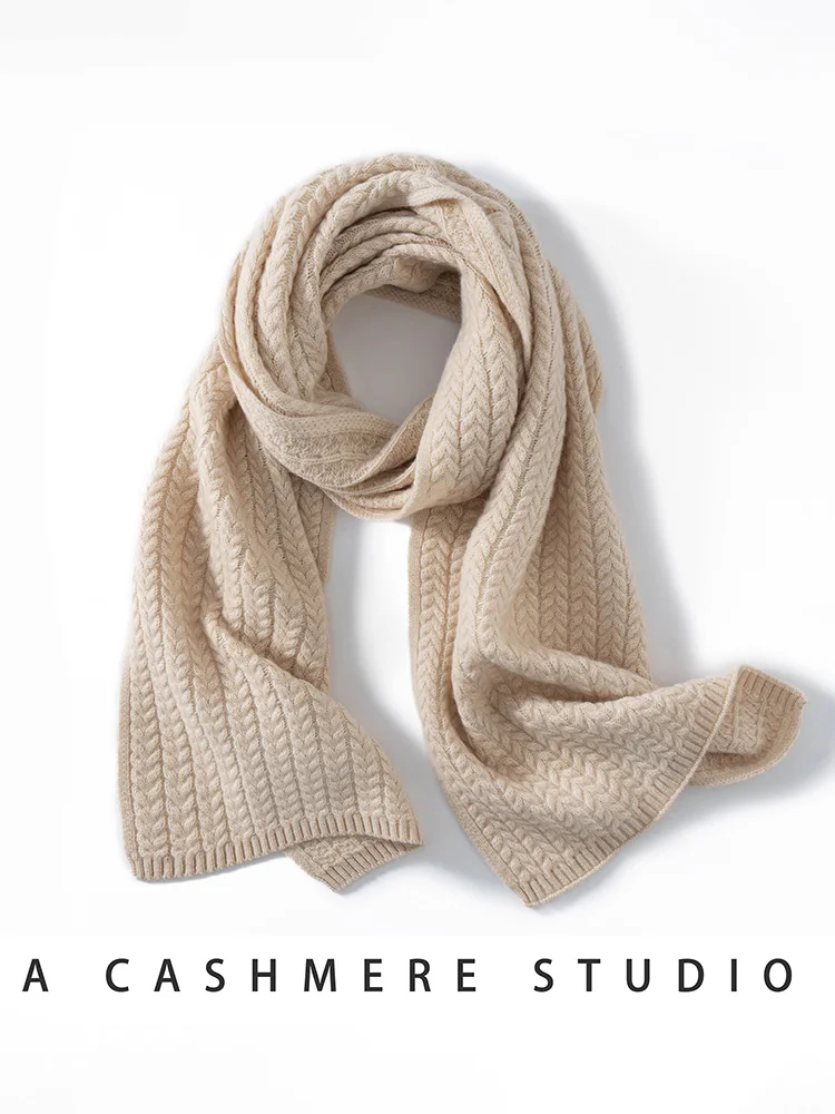 

Chic Women 100%Cashmere Scarf Autumn Winter Cashmere Knitted Wheat Ear Long Shawl Casual Style Basic Soft Warm Scarf Luxury Tops