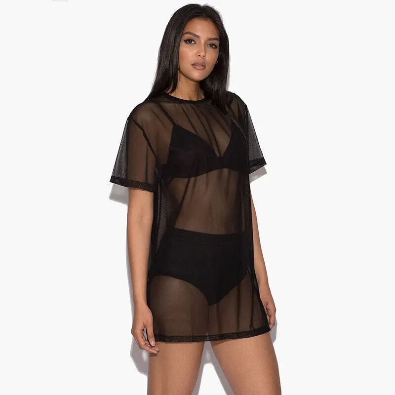 Robe de bain en maille transparente pour femmes, manches courtes, col rond, chemisier transparent, grande taille, robe de plage, été, 2024