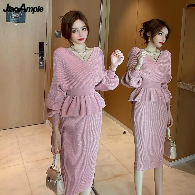 

Women Spring Autumn Sexy Slim Knit Pullover Sheath Skirts Two Piece Set 2023 Lady V-Neck Sweater Skirt Outfits Fashion Knitwear