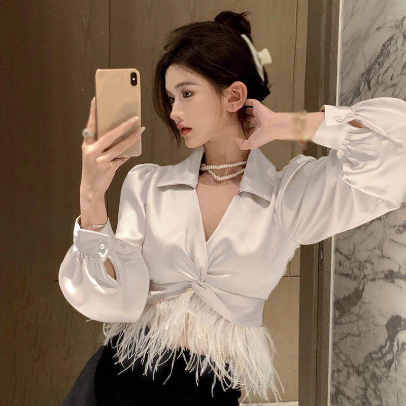 Women  Feather Shirts Chic Sexy Blouse  Elegant Satin Tassel Patchwork  Crop Tops Long Sleeve Slim Solid Ladies