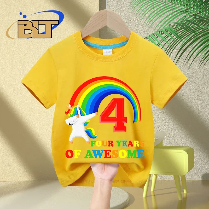 Camiseta infantil pintada com unicórnio, blusa casual de algodão de manga curta, presente do 4 ° aniversário