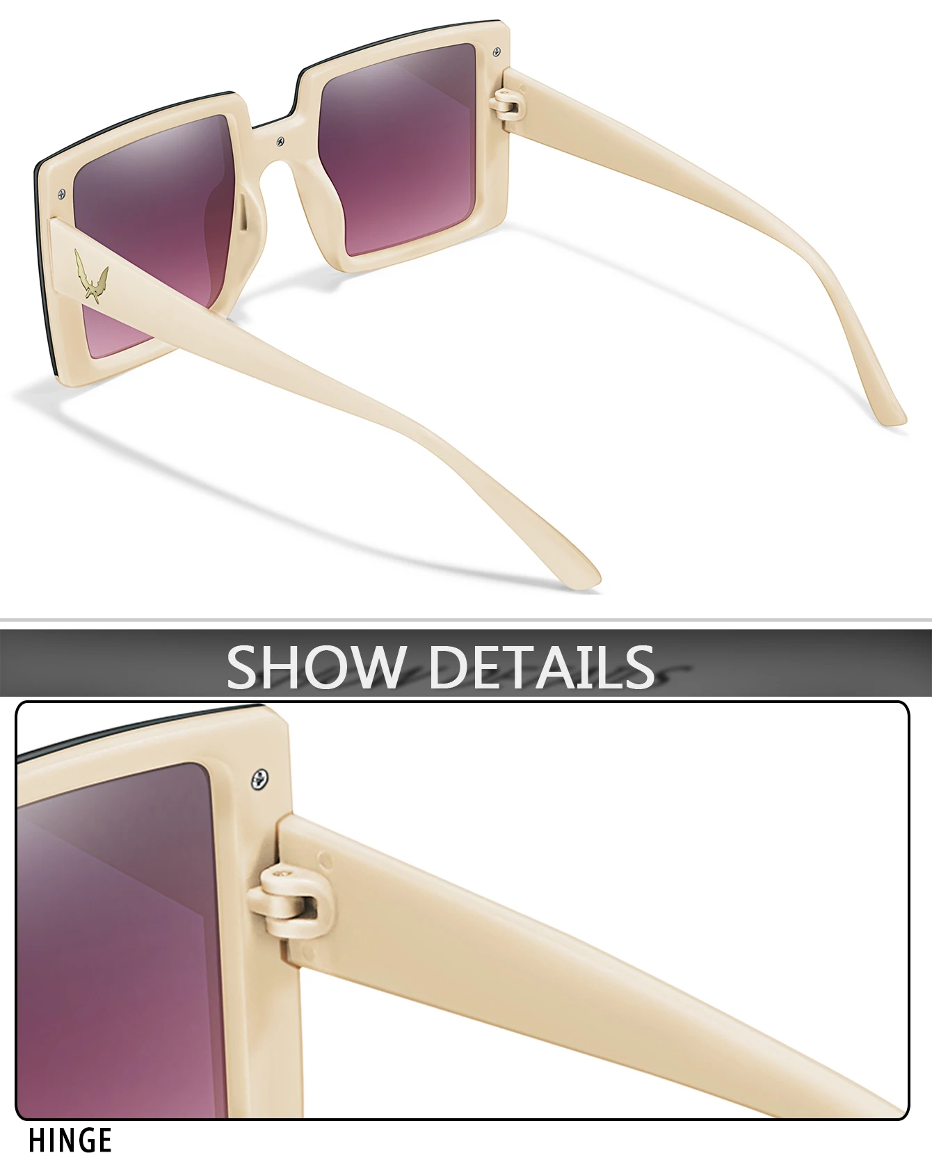 Modische quadratische Sonnenbrille für Damen, große, trendige Sonnenbrille für den täglichen Gebrauch, Einkaufen, Selfie, Party, Reisen, Strand – ohne Box – Detail 10