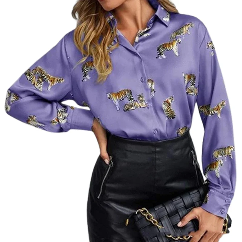 Elegant Style Tiger Print Shirt Women\'s Lapel Long Sleeve Single-breasted Cardigan Tops Ladies Commuter Loose Blouse Large Size