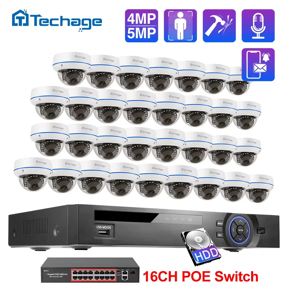 

Камера видеонаблюдения Techage H.265, Антивандальная IP-камера безопасности, запись звука, обнаружение лиц, 32 канала, 4 МП, 5 МП, POE