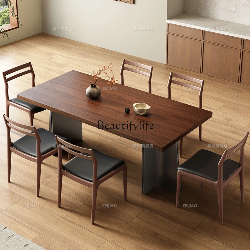 

Italian minimalist retro medieval black walnut dining table island stainless steel dining table
