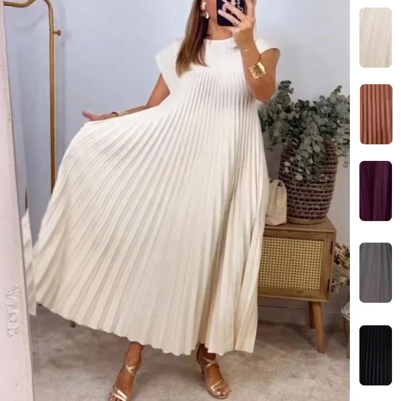 2026 Spring New Dress Women's Elegant Fashion Round Neck Sleeveless Pleated Long Dress Vestidos