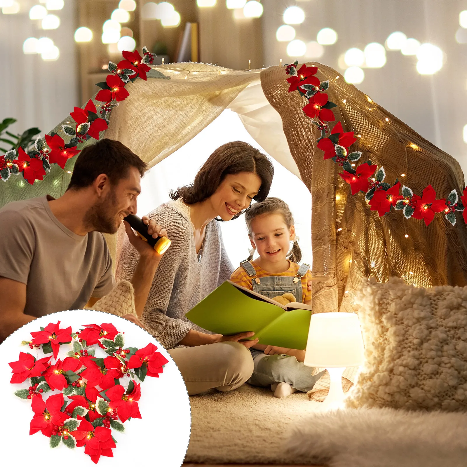 Weather Resistant Artificial Wreath Light String with Realistic Red Flowers Indoor Outdoor Decor Garland Lamp for Holiday