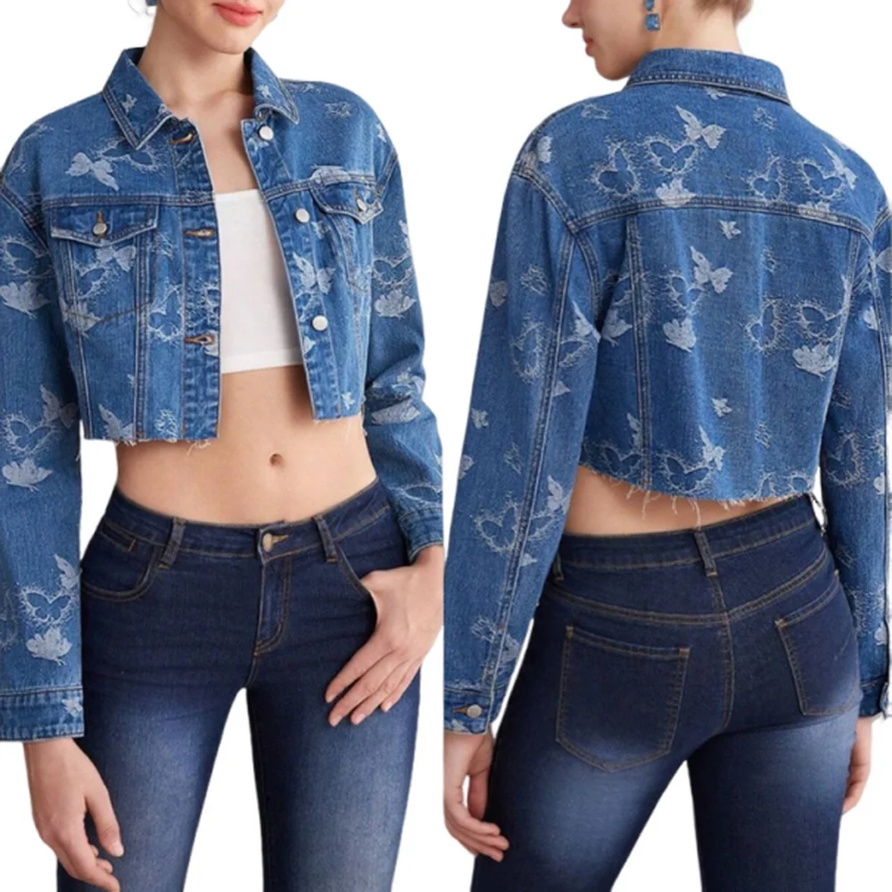 Bow Pattern Jacquard Denim Jacket For Women, Sweet Rough Edge Short Cowboy Jacket