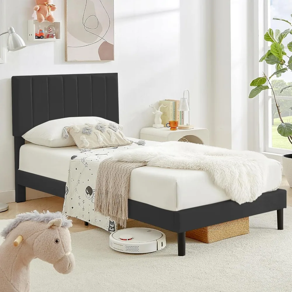 

Twin Size Bed Frame with Velvet Upholstered Headboard, Wooden Slat Support Extend Mattress Life, Modern Platform Bed Fr
