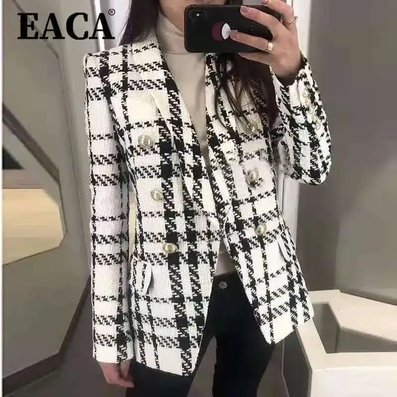 

EACA Элегантный и минималистичный клетчатый пиджак, новый стиль осени и зимы 2025 года, облегающий и универсальный женский пиджак с цветочным принтом