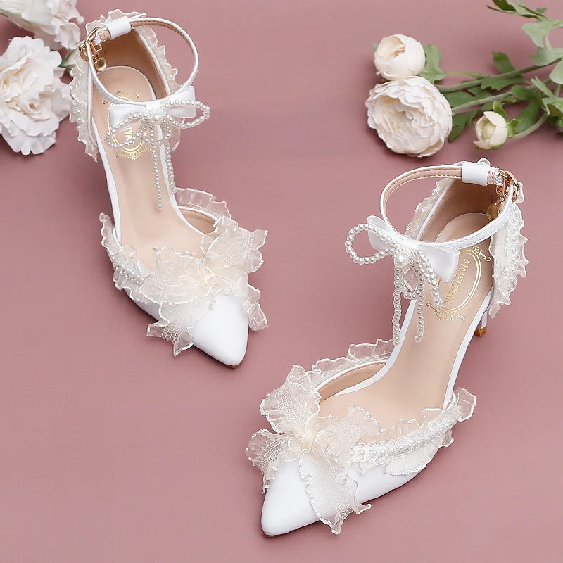 Sweet Lolita Style Original Design Wedding Shoes Pearl String Lace Flower Tassel Bowknot Ankle Strap Stiletto High Heel Sandals