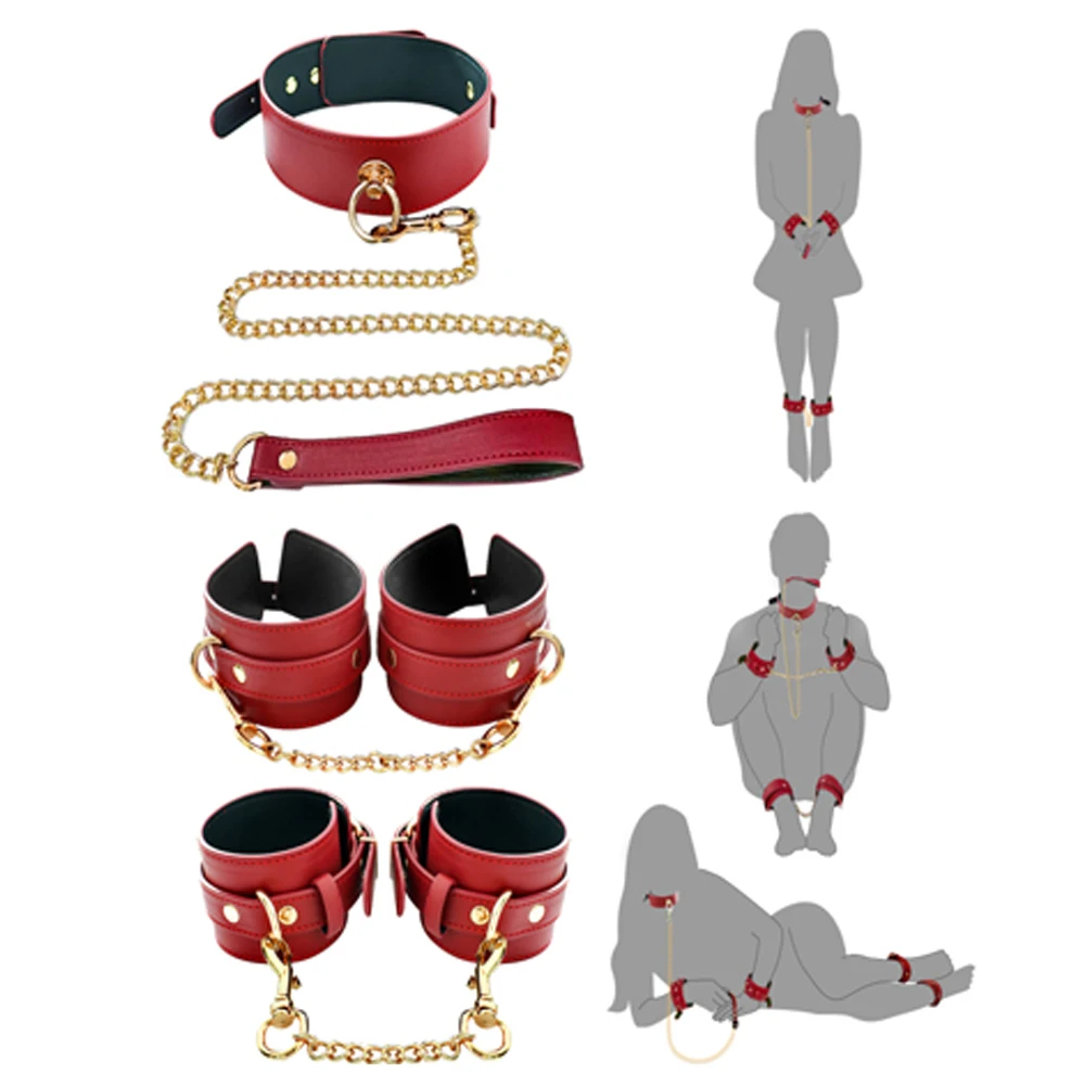 الأحمر BDSM الجنس عبودية عدة الجنس لعب للأزواج مثير الرقيق قابل للتعديل الجلود اليد الكاحل الأصفاد المختنق للزوجين SM ألعاب الجنس أداة