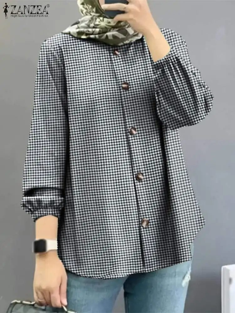 ZANZEA Women Vintage Long Sleeve Plaid Shirt Muslim Tops Casual Abaya Ramadan Dubai Blusas IsIamic Kaftan Autumn Checked Blouse