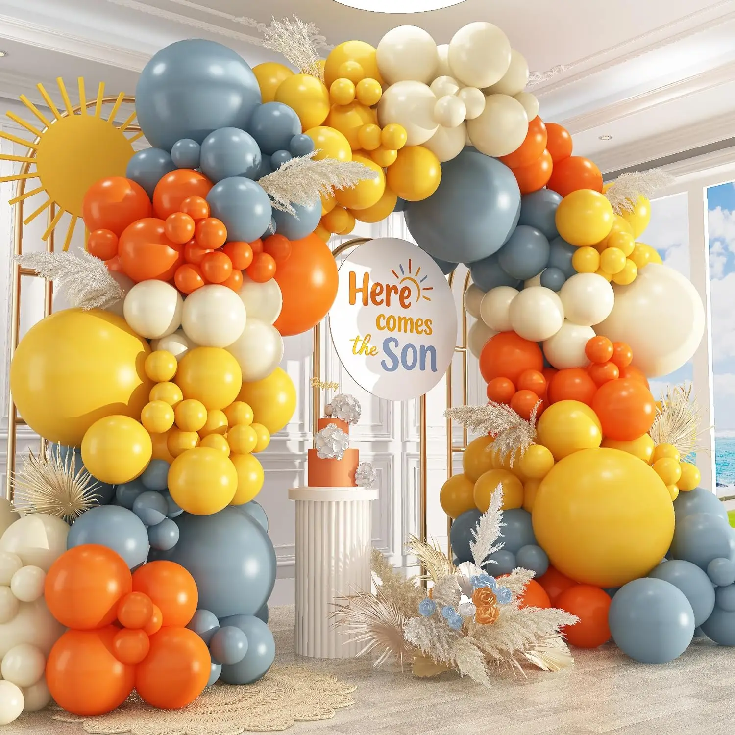 131Pcs Yellow Orange Dusty Blue Sand White Balloon Arch Kit for Baby Shower Birthday Wedding Party Celebration Valentine's Day