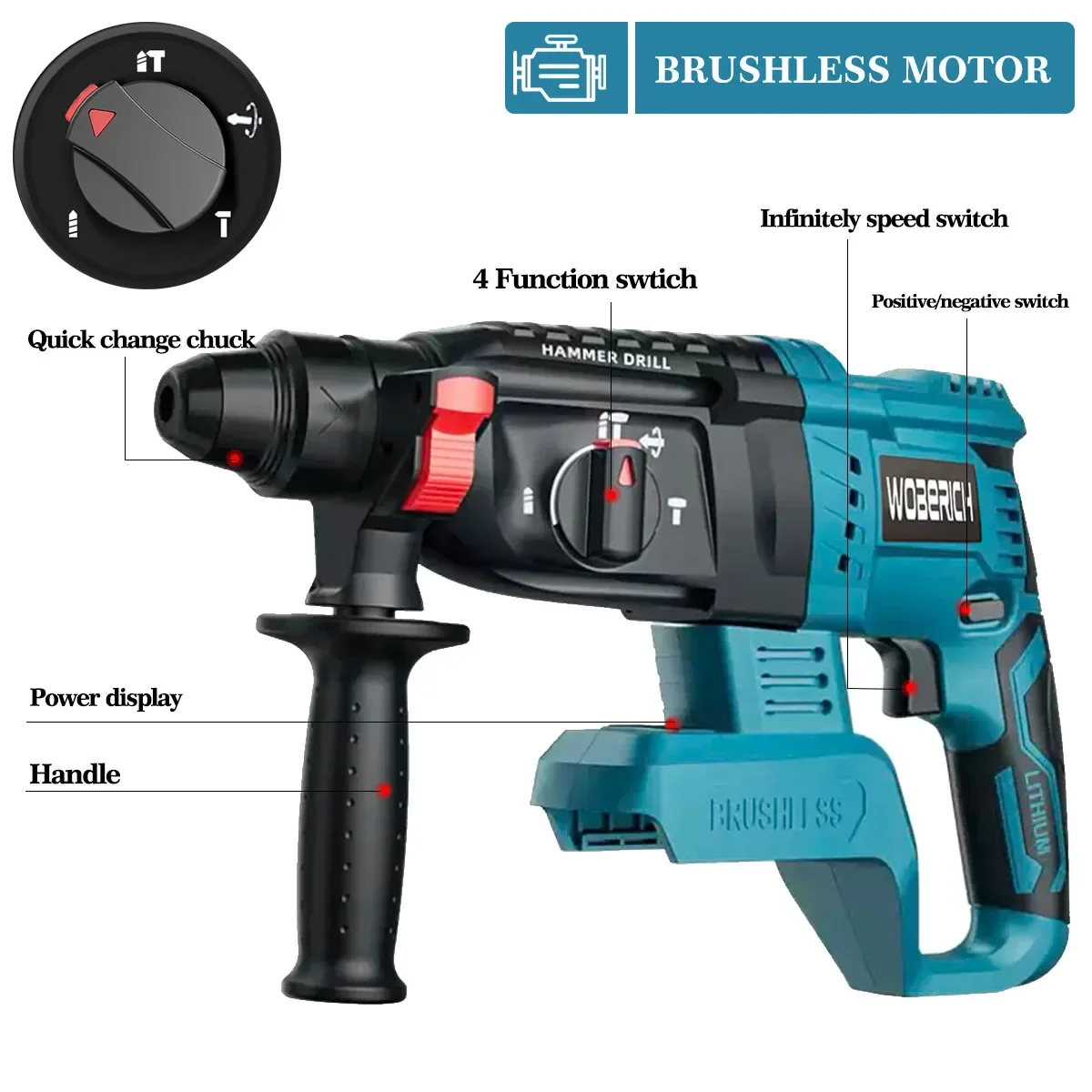 4 Function Brushless Cordless Electric Rotary Hammer Drill Rechargeable Hammer 26mm Impact Drill for 18V Makita Battery