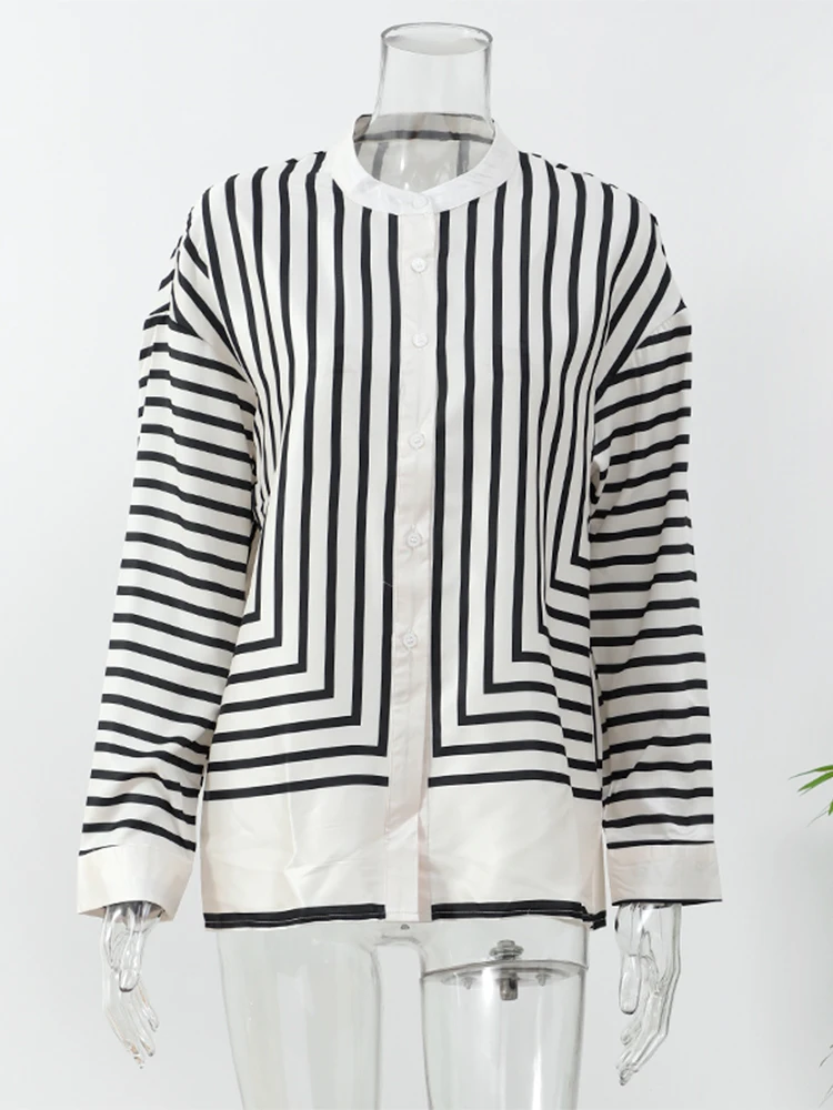 Elegant Pinstripe Print Single Breasted Shirts Women Fashion O Neck Long Sleeved Loose Blouse Chic Female 2024 New Commute Tops