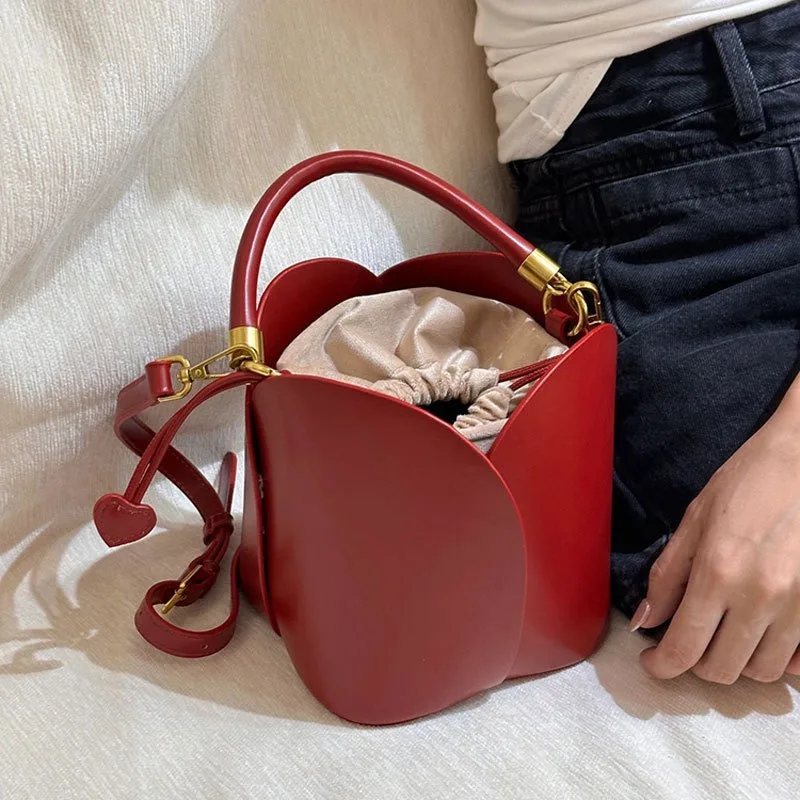 Red Bride Petal Bucket Bag Women Handbag 2025 New Vegetable Basket Crossbody Bag Single Shoulder Bag