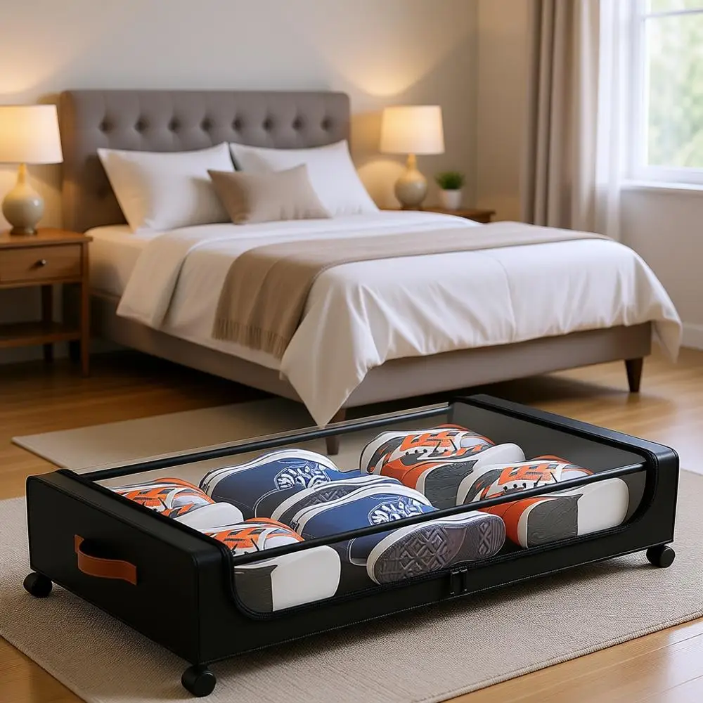 

Extra Large 60L Dual-Wheeled Underbed Storage Boxes with Clear Lids and Handles for Clothes, Blankets, Shoes, and Books - Black