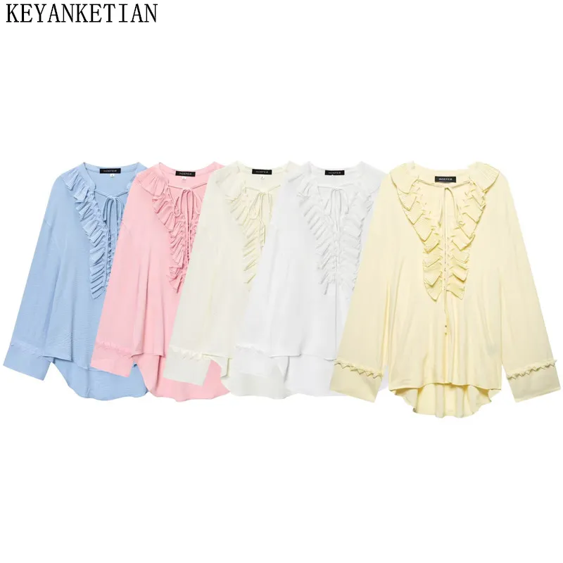 

KEYANKETIAN Summer new women's clothing ruffle edge layered lace up long sleeved shirt with short front and long back for women