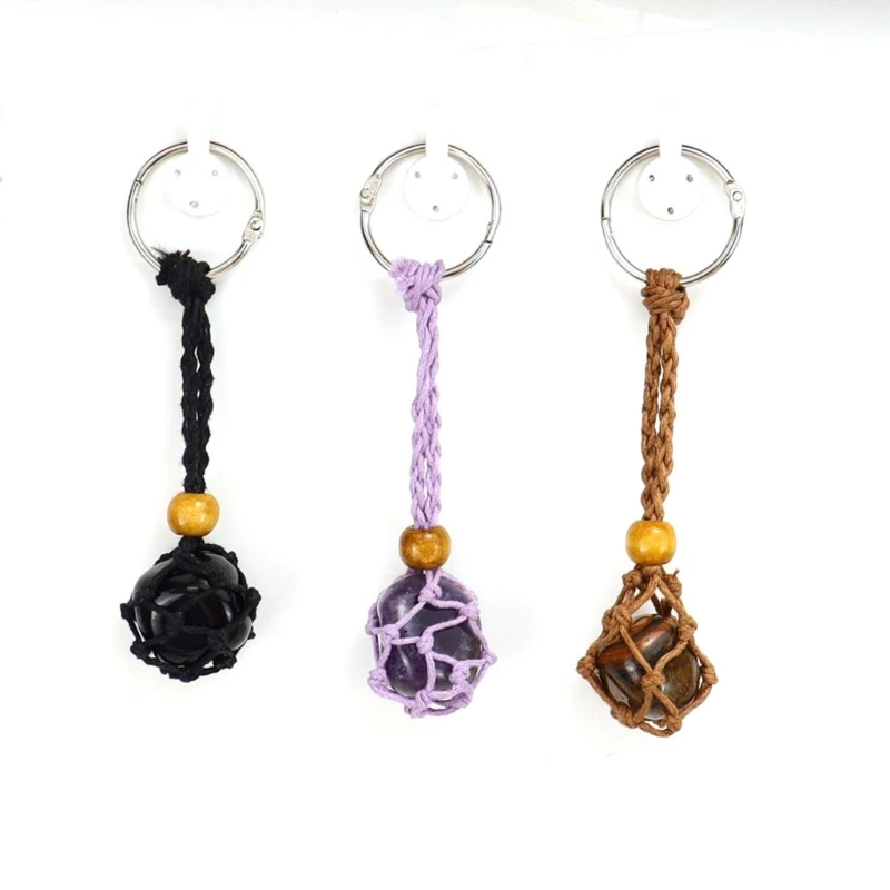 DIY Keychain Unfinished Macrame String Lanyard Keychain Crystal Stone Holder Cage Keyring Unique Jewelry Making Craft