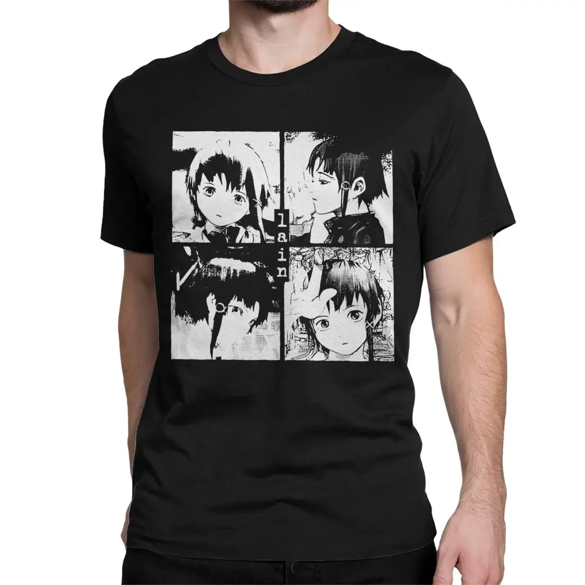 Wired Serial Experiments Lain T Shirts for Men Women Pure Cotton Novelty T-Shirt Anime Lwakura Sci Fi Manga Tees Plus Size