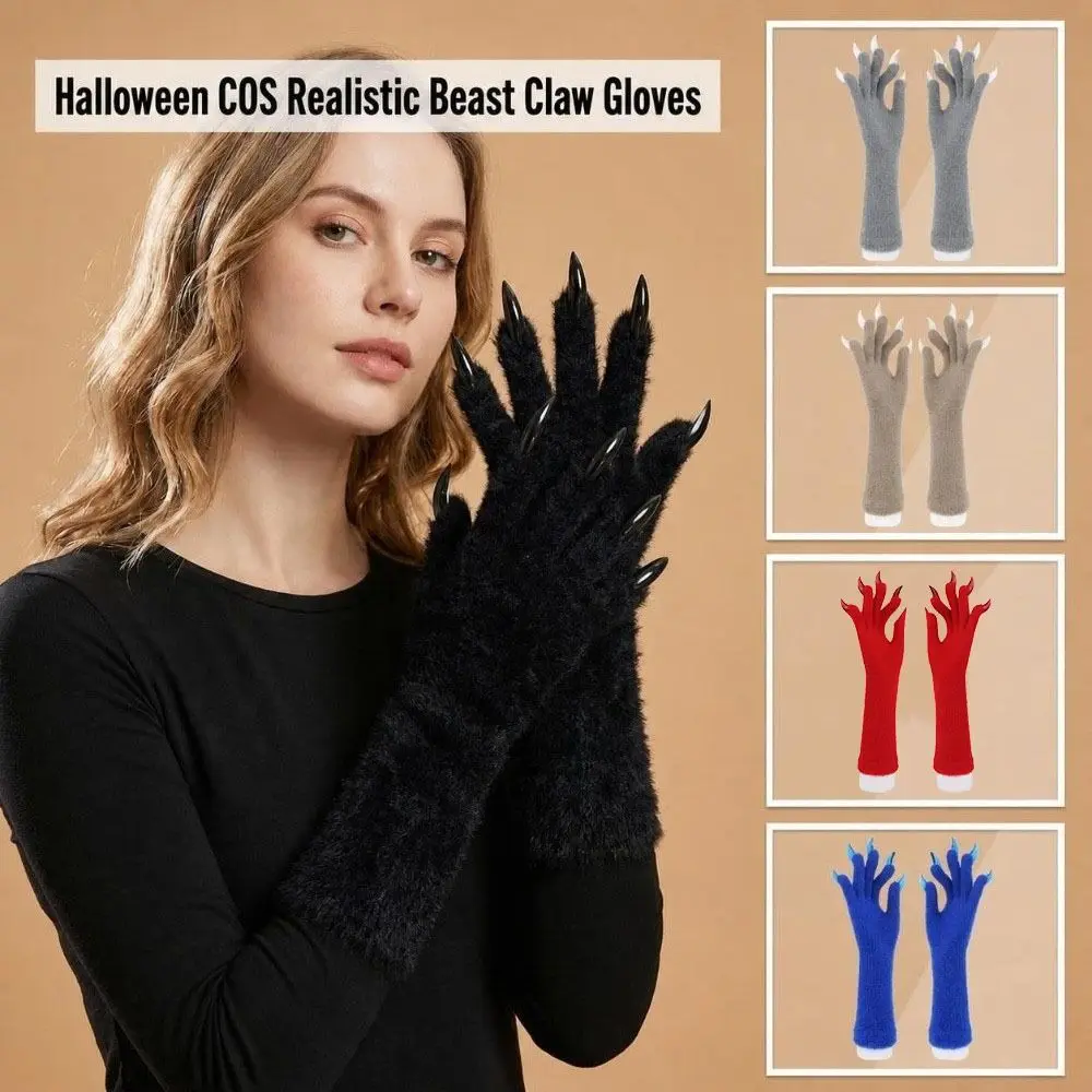 Creative Full Finger Paws Gloves Furry Long Nail Animal Claw Gloves Solid Color Long Warm Mittens Halloween Costume Accessories