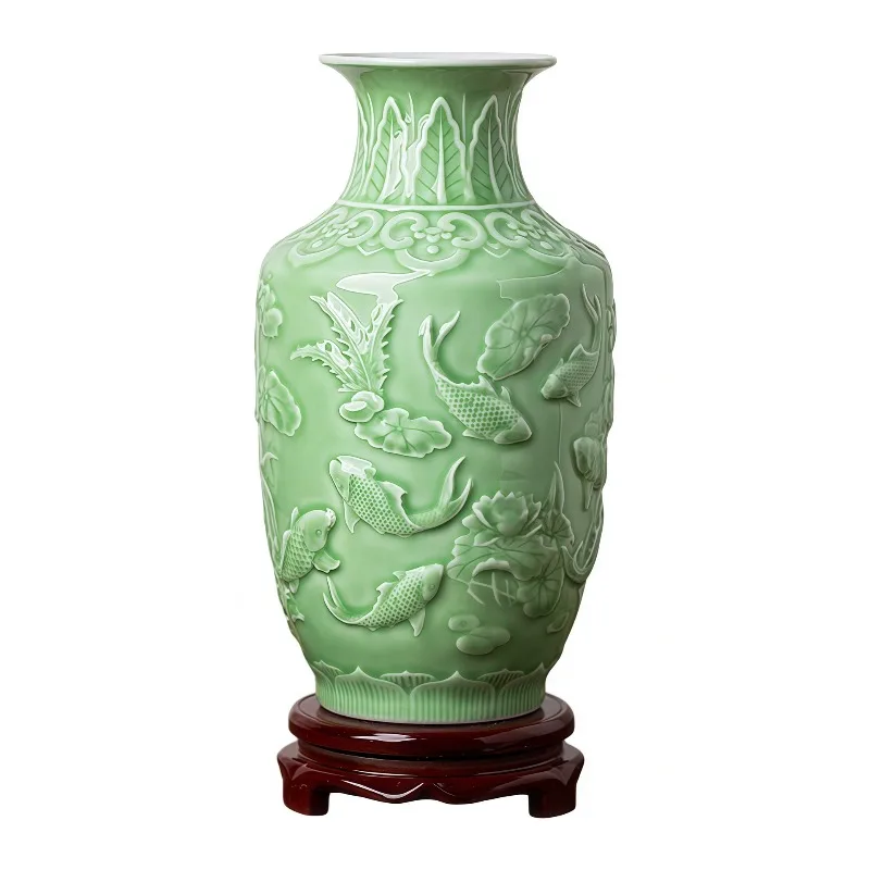Celadon engraving small vase shadow blue thin tire vase illustration porcelain vase bogu frame TV cabinet decoration craft ornam