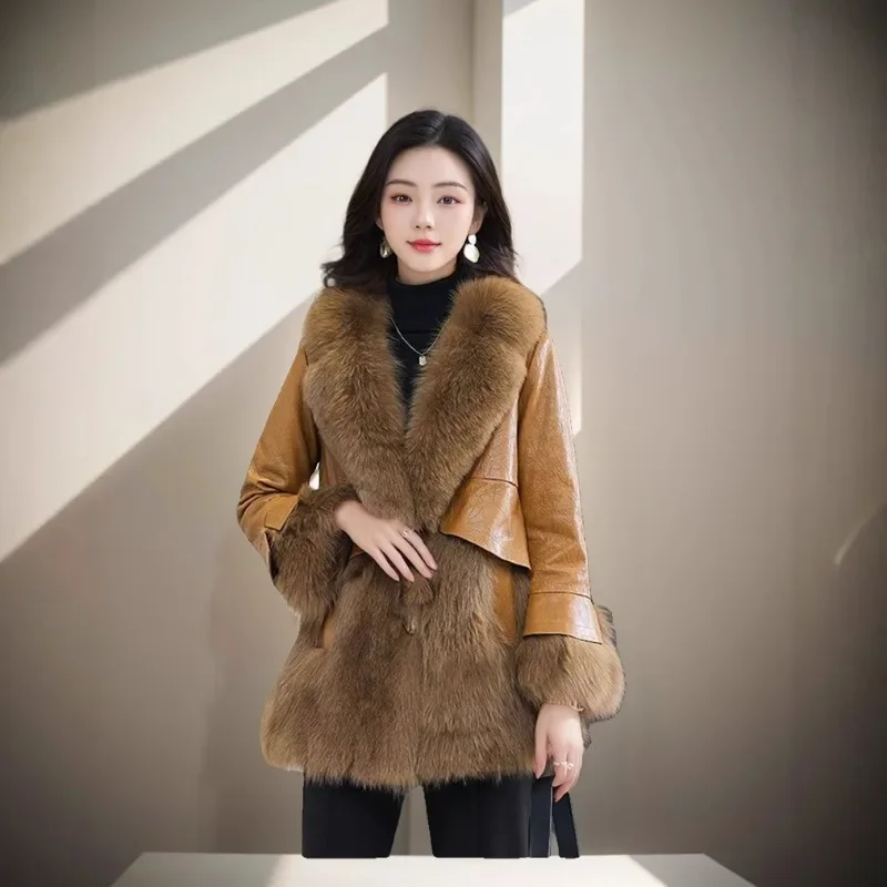 المرأة منتصف طويلة نمط فو الفراء سترة الشتاء الإناث بولي Leather الجلود تقسم تقليد الفراء أبلى الخامس الرقبة طويلة الأكمام رشاقته معطف دافئ